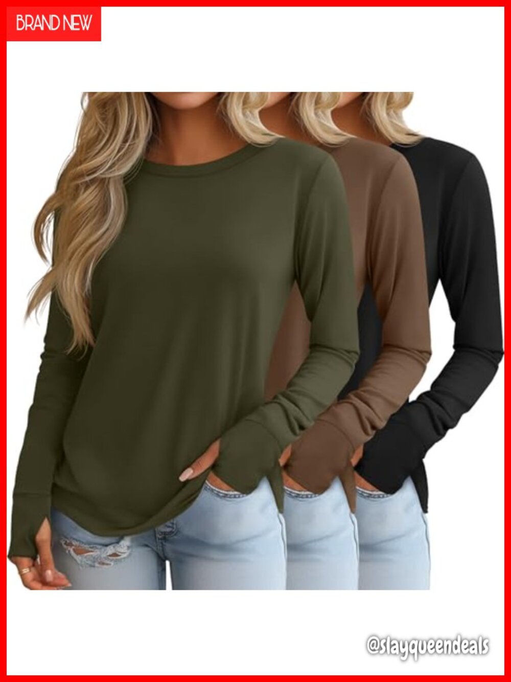 Womens Long Sleeve Cotton Shirts with Thumb Holes 3 Pack Crew Neck Tunics